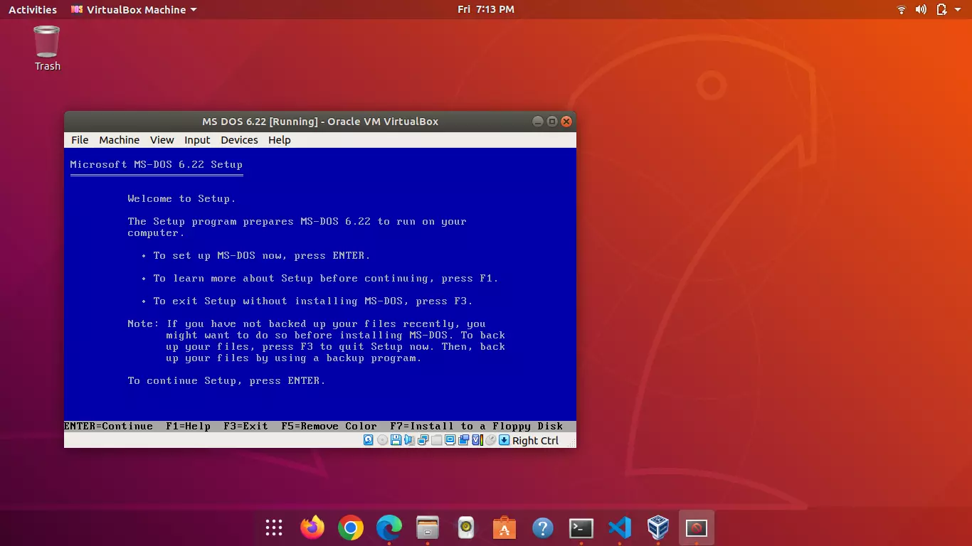 MS-DOS 6.22 on VirtualBox on Ubuntu 18.04