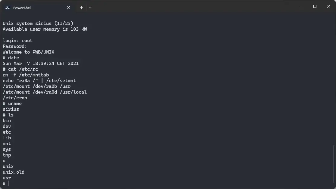 SIMH PDP-11 emulator with ! PWB Unix