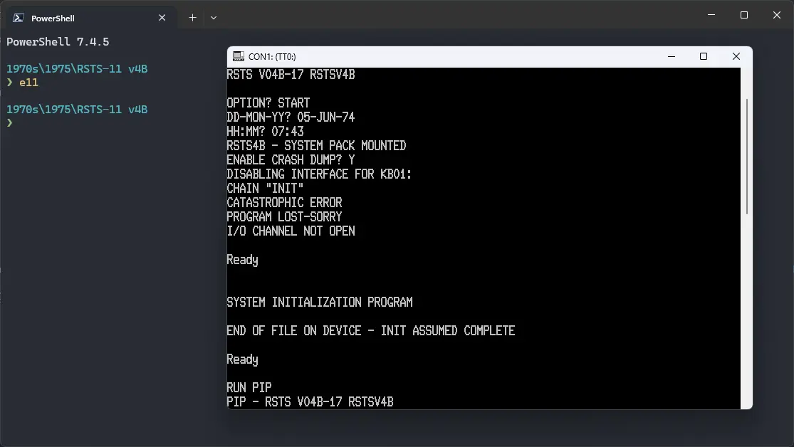 Ersatz-11 emulator with ! RSTS-11 v4B